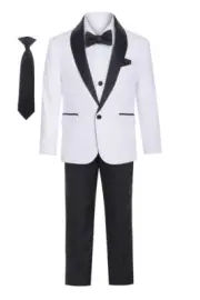 Magen Boy Black/White SLIM FIT TUXEDO suit 7pc set coat,vest,pant,shirt,cliptie