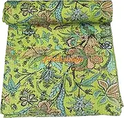 Trademoon Indian Floral Kantha Quilt, Lime Green with Tropical Print, Traditional Indian Handmade Bedspread(Single 60" x 90")