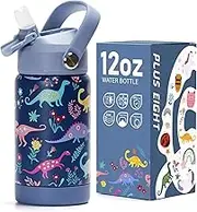 pluseight Kids Insulated Water Bottle with Straw Lid, 12 oz BPA-FREE Double Wall Vacuum Tumbler 18/8 Stainless Steel Leak Proof Kids Cups with Straw for School Travel Boys Girls (Dinosaur)