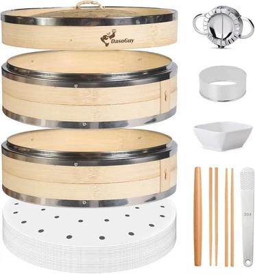 Bamboo Steamer Basket, Stainless Steel Reinforced Rim, 10-Inch 2-Tier Steamer fo