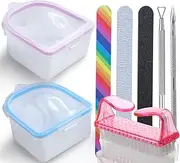 Nail Soaking Bowl, 2PCS Soak Off Gel Polish Dip Powder Remover Manicure Bowl for Acrylic Nails, Nail Brush, Cuticle Pusher, Cuticle Peeler, 100/180 Nail File, Buffer Block