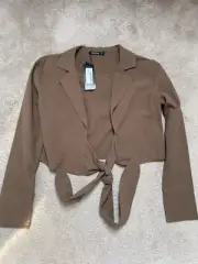 Nasty Gal Khaki Brown Tie Front Cotton Shirt Top Size 10 NEW