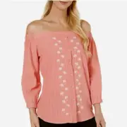 Democracy Tropical Palm Tree Peach Top Shirt Blouse Medium