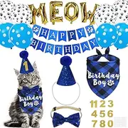 JOTFA Cat Birthday Party Supplies, Cat Birthday Bandana with Cat Birthday Hat Bow Tie Birthday Number Cat Birthday Banner Balloons Meow Letter Balloons for Cat Kitten Birthday Decorations