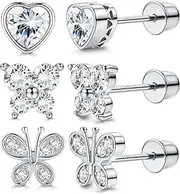 [Milacolato] 925 Sterling Silver Stud Earrings for Girls Women 14K Gold Plated Hypoallergenic Screw Back Earrings Cubic Zirconia Heart Butterfly Stud Earrings Set for Toddlers Teen Girls Over 3 Years