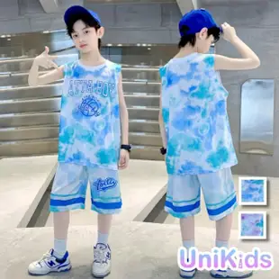 【UniKids】中大童裝2件套速乾籃球服渲染無袖背心運動五分褲 男大童裝 VP2423135(藍 紫)