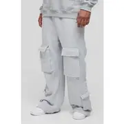 Mens Grey Plus Heavyweight Relaxed Flare Cargo Joggers
