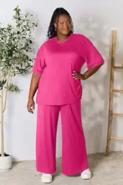 B Mirza collections Double Take Full Size Round Neck Slit Top and Pants Set
