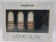 Profusion Cosmetics Liquid Glow 3pc Highlighter Set & Blending Sponge New In Box