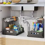 UINOFLE 2 Pack Modern Black Under Sink Organizer, 2 Tier Sliding Cabinet Basket Organizer, Drawer Pull Out, Multi-Purpose for Bathroom Kitchen