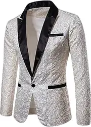 [Maiyifu-GJ] Men's Floral Jacquard Suit Jacket One Button Stylish Print Tux Blazer Notched Lapel Wedding Dinner Dress Tuxedo