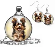 Papillon Puppy Dog Lover Mom Gift Set Pendant Necklace & Dangle Earrings Set