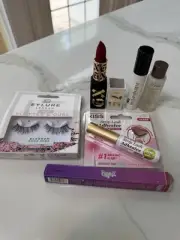 Eyelash & Glue, GXVE red Lipstick, Bratz Jade Lip, YSL Dewy Spray, Kombucha Lot