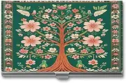[QWNMD] Business Card Case Box Buckle Style Shut Metal Business Card Holder Green Tree of Lifeprinted Slim Purse Name Card Holders for Business Cards Men Women