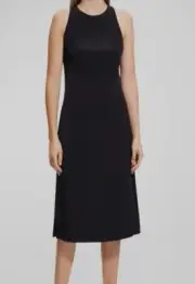 $375 Theory Women's Black Cross-Back Sleeveless Midi Dress Size 10