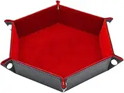 1 Piece Dice Holder Dice Pad Dice Rolling Tray PU Leather Dice Tray Hexagon Folding Dice Tray for Dice Gaming and Other Table Games, Red