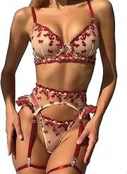 [YANZIYAN] Women's Sheer Mesh Heart Pattern 4-Piece Lingerie Set with Garter