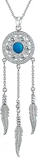 [Bling Jewelry] Western Boho Turquoise Accent Native American Indian Multi Feathers Leaf Dream Catcher Earrings Pendant Necklace for Women Teens Oxidized .925 Sterling Silver