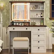 Giantex Farmhouse Vanity Set w/Mirror and Lights, Modern Dressing Table & Stool Set w/ 3-Color Lighting & Adjustable Brightness, 3 Open Shelves & 5 Drawers, Hair Dryer Holder for Bedroom