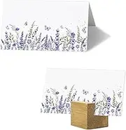 Whaline 100Pcs Lavender Place Cards 3.5 x 2 Inch Purple Flower Tented Cards Seating Cards Blank Table Name Signs for Spring Holiday Buffet Party Table Setting Supplies