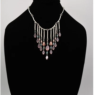 Givenchy Vintage Beaded Fringe Collar Necklace Brushed Silver NOS Signed Bin4A