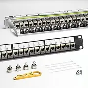 AMPCOM CAT7 Keystone Patch Panel 24-Port 1U with 10G Shielded Ethernet Inline Coupler - 19 Inch Rackmount &Wall Mount with Rear Support Bar