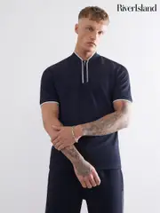 River Island Blue Slim Fit Tipped Zip T-Shirt (W49197) | $74