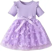 [JiAmy] Girls Dresses Toddler Ruffle Short Sleeve Floral Print Tulle Dress Patchwork Bowknot Spring Summer Party Clothes for Girl 1-6 Years