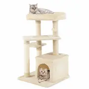 Costway 85cm 4-Tier Sisal Cat Tree Tower Activity Scratching Post w/Perch & Play Ball House Bed Beige