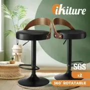 Oikiture Kitchen Bar Stools Gas Lift Swivel Chairs Stool Wooden PU Leather ×2
