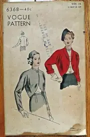 RARE 1940'S VOGUE 6368 VINTAGE BOLERO CROPPED JACKET PATTERN, B 32-UNUSED/FF