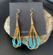 Blue Turquoise Liquid Gold Filled Tubes Dangle Heishi Earrings 2" 13032