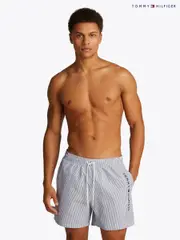 Tommy Hilfiger White Medium Length Stripe Drawstring Swim Trunks (F55114) | $150