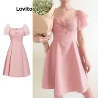 在飛比找蝦皮商城優惠-Lovito 女款休閒素色雙層褶皺網紗拼接洋裝 L83EN1