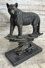 Signed Large Bugatti Mountain Lion Bronze Sculpture Marble Base Figurine Deal