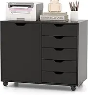 Giantex 5-Drawer Mobile Side Cabinet with Wheels, Lateral Filing Organizer, Drawer Chest with Door, Modern Storage Cabinet Printer Stand w/Large Tabletop for Home Office (Black)