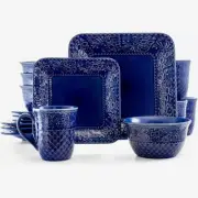 Elama Indigo Lotus Blue 16 Piece Square Stoneware Embossed Dinnerware Set