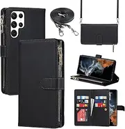 SailorTech Wallet Phone Case Design for Samsung Galaxy S22 Ultra 9 Card Holder 1 Zipper Coin Wallet 2 Cash Slot Kickstand Lanyard Flip Leather Cover Black
