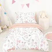 4 Piece Toddler Bedding Set, Ultra Soft and Breathable Cartoon Mermaids Toddler Comforter Sets for Girls Includes Quilted Comforter, Fitted Sheet, Flat Sheet and Pillowcase, Pink Flowers