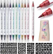 Erinde Temporary Tattoo Markers for Skin, 10 Colors Body Markers Kit w/ 67 Patterns Tattoo Stencils for Kids and Adults, Nail Art Polish Pens, Flexible Dual-End Bold and Fine Tip Tattoo Pens, Cosmetic Grade Temporary Tattoo Ink Body Skin Markers