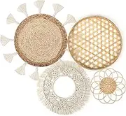 Set of 4 Boho Wall Basket Decor Wall Hanging Rattan Macrame Decor Flat Round Wicker Woven Macrame Tassels Tapestry Bamboo Wall Basket Handmade Serving Tray Art for Room Bedroom Living Room