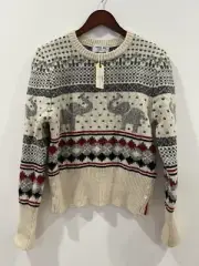 THOM BROWNE WHITE MOHAIR WOOL TWEED ELEPHANT ICON FAIR ISLE CREWNECK PULLOVER