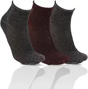 [alsestudio] Womens Non-Elastic Ankle High Sparkle Sheer Pop Glitter Soft 3 Pairs Socks Silky Seamless Semi-Transparent Metallic Look Shiny Thin Socks