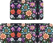 Flower Diamond Paintings Print Kitchen Floor Mat 2 Sets Non-Slip Rugs for Kitchen Laundry Office and Home Decor