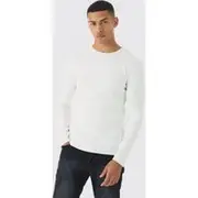 Mens Ecru Muscle Fit Washed Rib Long Sleeve Man Embroidered T-shirt