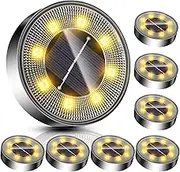 Solar Light Outdoor Ground 8pcs 8 LEDs Stainless Steel Disk Lamp IP68 Waterproof Wireless with Spike, for Path Gargen Landscape Lighting (Warm Light)