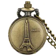 Bronze Mini Size Paris Tower Design Men Women Quartz Pocket Watch Necklace Chain