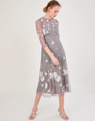 Monsoon size 24 new tags Britta grey embroidered midi dress wedding occasion