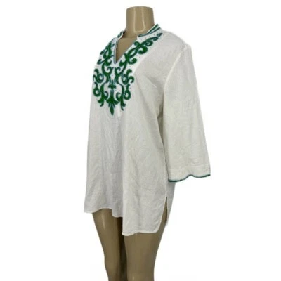 Chico’s Womens embellished tunic green Linen Blend Beaded Blouse Top