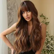 Long Ombre Brown Wavy Curly Wigs for Black Women Synthetic Curly Wig with Fringe Cosplay Wig Natural Looking